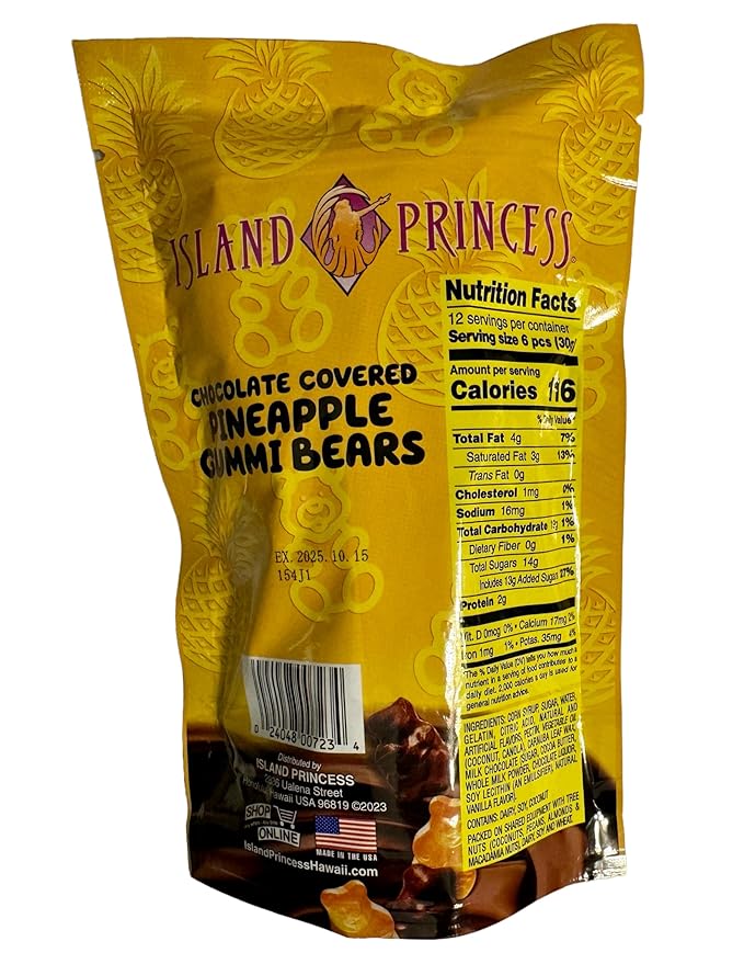 Island Princess Chocolate Covered Pineapple Gummi Bears 12 Ounce