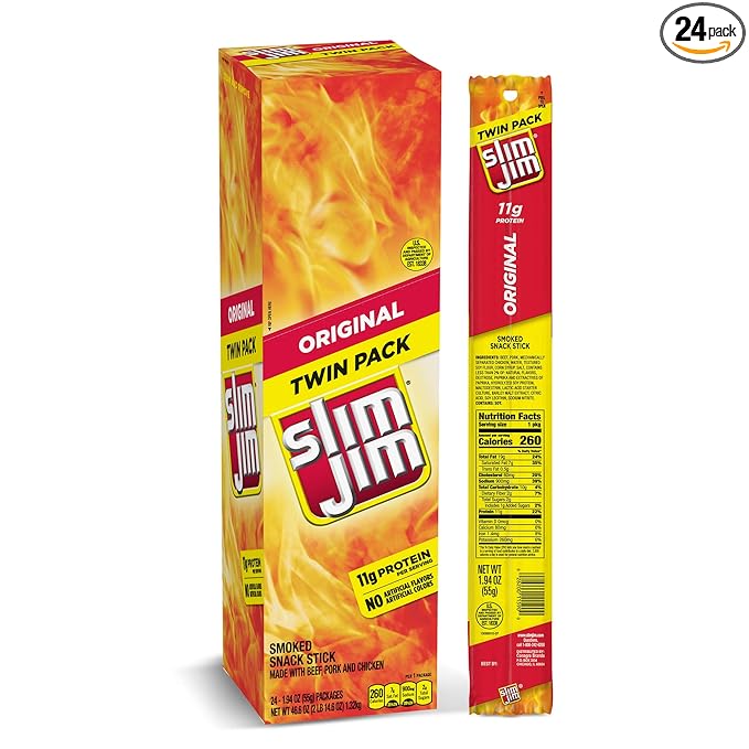 Slim Jim Smoked Meat Sticks Original Flavor 6g Protein Per Stick Twin Pack Easter Basket Stuffer for Men 1.94 oz. (24 Count)
