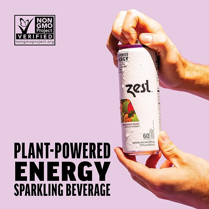 Zest Clean Energy Drink – Passionfruit Berry – 150mg Caffeine + 100mg L-Theanine – Natural Focus &amp Concentration Boost – Healthy Energy Drink 12oz Can 12 Pack – Low Sugar No Artificial Sweeteners