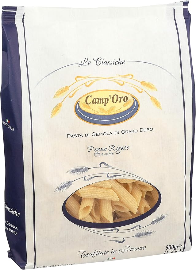Camp'Oro Le Classiche: Authentic Bronze Die Cut Penne Rigate Italian Pasta - 17.6 Ounce (Pack of 12)