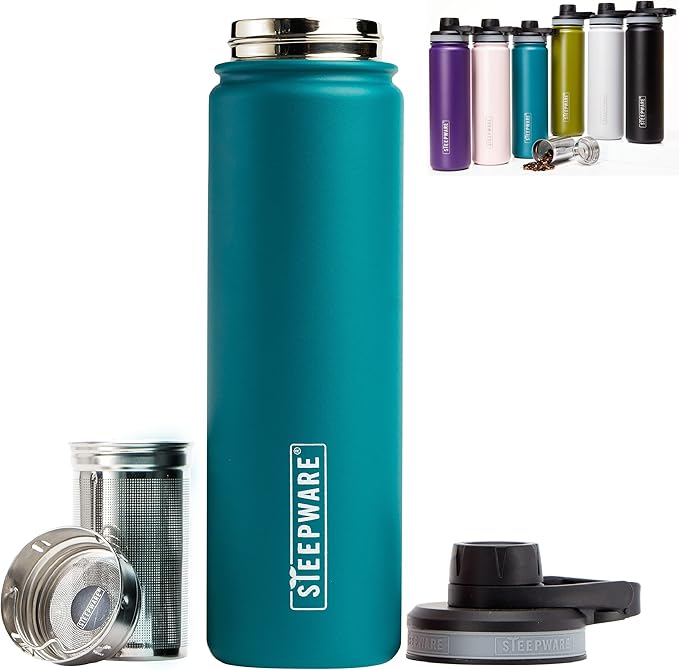 The Tea Spot Steepware Tea Tumbler and Thermos 22oz Tea Bottle with tea infuser for loose leaf tea or iced coffee Sleek Double Wall Tumbler &amp Insulated Travel Bottle - Teal