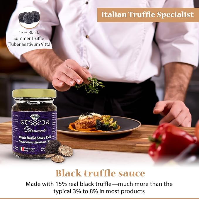 Diamante Italy Black Truffle Sauce with High 15% Black Truffle Content - Authentic Italian Gourmet Black Truffle &amp Mushroom Sauce - Non GMO Vegan &amp Made in Italy - 90g