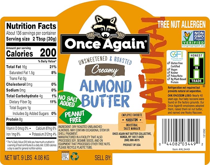 Once Again Natural Creamy Almond Butter 9lbs (same as 9 jars) - Roasted - Salt Free Unsweetened - Gluten Free Certified Peanut Free Vegan Kosher Paleo