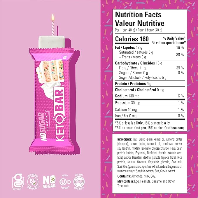 No Sugar Keto Bar Snack - Low Carb No Sugar Keto Snack Food with Keto Friendly Macros (12 x 1.41oz Bars Birthday Cake)