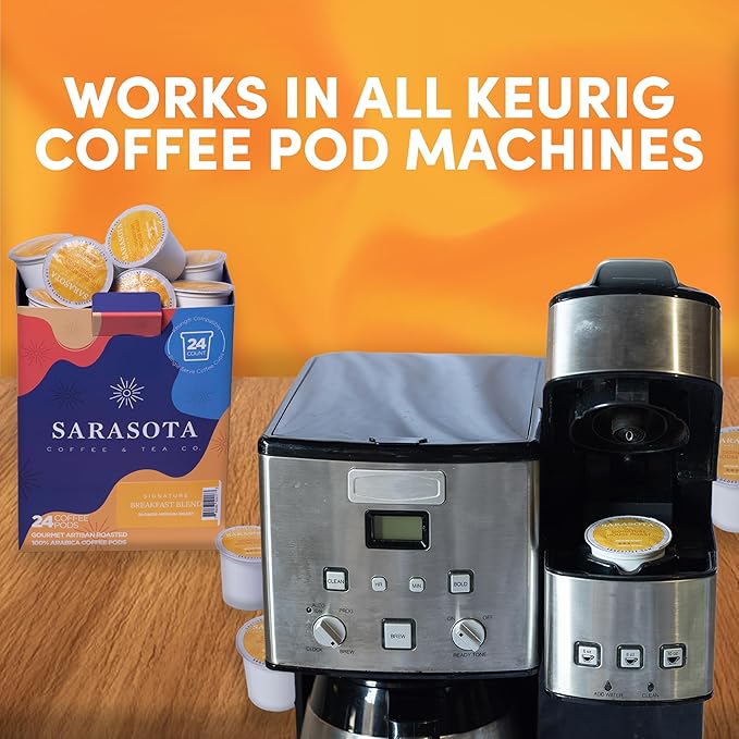Sarasota K-Cup Coffee Pods | Medium Roast Coffee | Breakfast Blend | Single Serve for Keurig Brewers | Gourmet Low Acid Mold Free | 24 Count