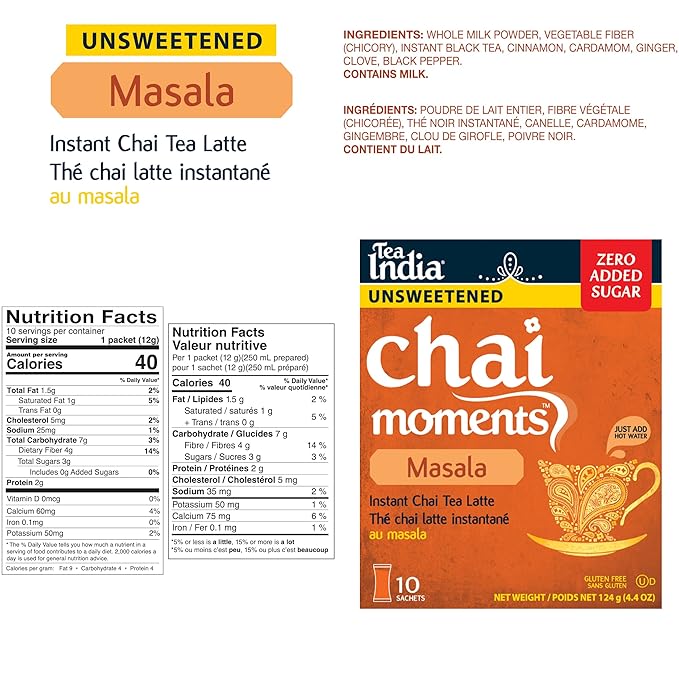 Tea India Chai Moments Masala Chai Tea Unsweetened Instant Latte Mix Flavorful Blend Of Premium Black Tea Spices &amp Natural Ingredients Traditional Indian Tea Individually Wrapped 10 Sachets Pack