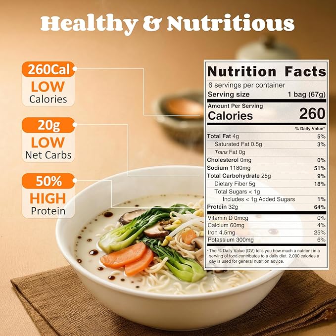 Healspot High Protein Instant Ramen 6 Pack Non Fried Ramen Broth 32g Plant Based Protein Low Fat Low Carb Non GMO Keto Friendly &amp Plant Based(Black Garlic Classic-Pork Flavor)