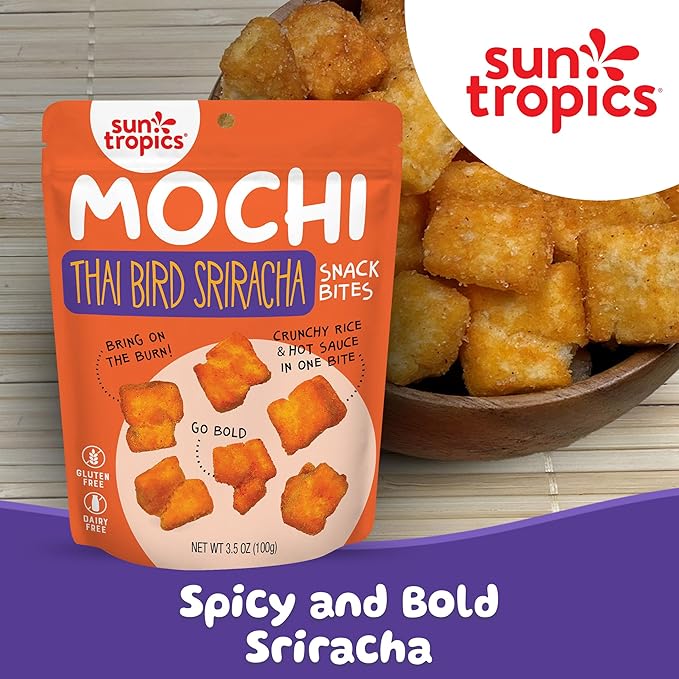 Sun Tropics Mochi Snack Bites Thai Bird Sriracha Flavor- 3.5 oz (6 Pack)| Crispy Spicy Mochi Bites Rice Nuggets | Mochi Puff Rice Crackers- Gluten Free &amp Dairy Free- No MSG Added | Asian Rice Sn