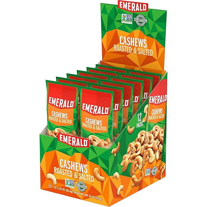 Emerald Nuts Roasted &amp Salted Cashews 12 Ct (1-Pack) 1.25 Oz Individual Snack Tubes Plant-Based Protein Kosher Certified Non-GMO Contains No Artificial Preservatives Flavors or Synthetic Col