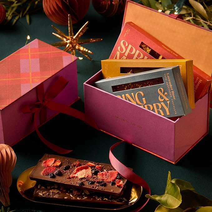 Spring &amp Mulberry Healthy Dark Chocolate Bars Sugar Free - Date Sweetened Chocolate Gift Box - Healthy Bars Gluten Free &amp Vegan - Embellished with Fruits &amp Florals Holiday Chocolates Gift