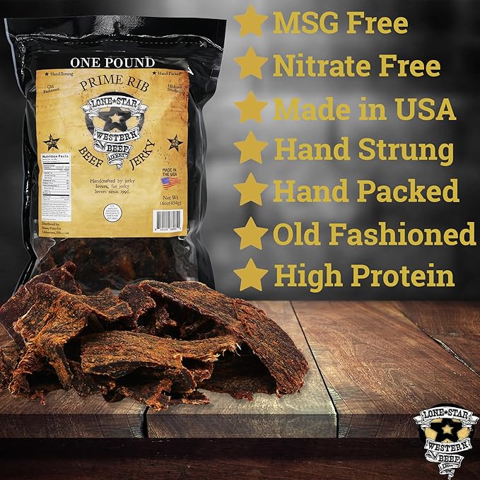 Lone Star Prime Rib Flavored Beef Jerky - 1 Pound Resealable Bag - Hickory Smoked Handcrafted Flavor - High Protein Healthy Meat Snack