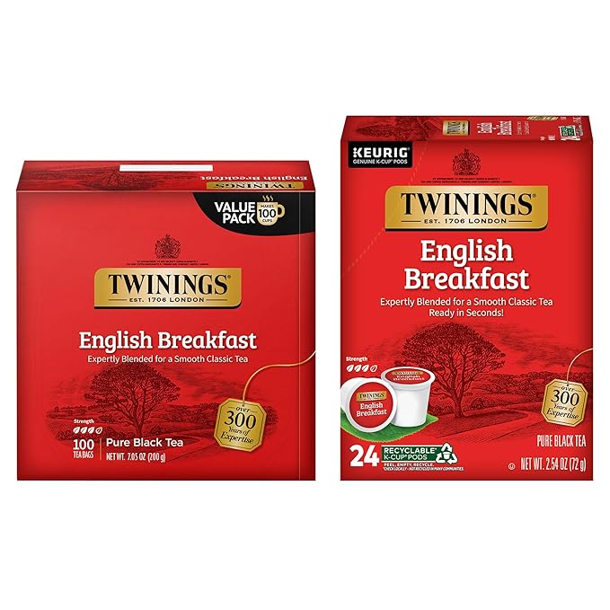 Twinings English Breakfast Tea K-Cup Pods 24 Count (Pack of 1) + English Breakfast Tea Bags 100 Count (Pack of 1)