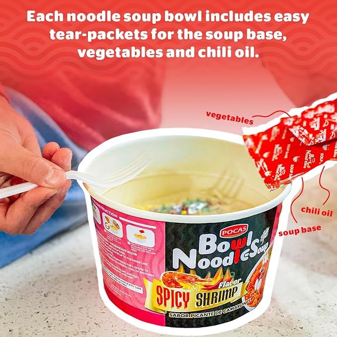 Pocas Bowl Noodle Soup Spicy Chicken 12-Pack Microwavable Instant Noodles Bowl 3.17 Oz Ea