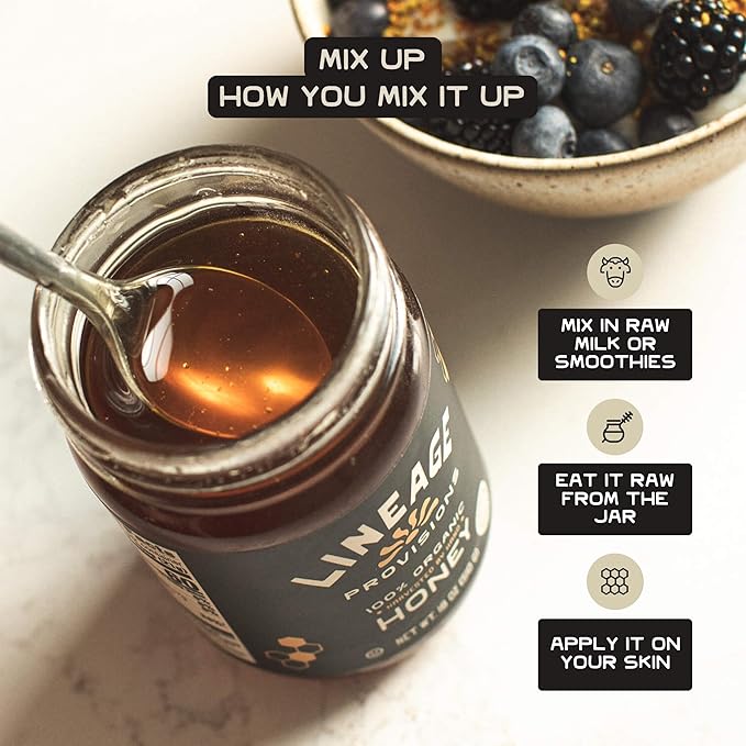 Lineage Provisions 100% Organic Raw Unfiltered Honey – 3-Pack (18 oz Glass Jars) – Undetectable Glyphosate Chemical-Free Gluten-Free &amp Non-GMO – Undergoes no heating processing straining or a