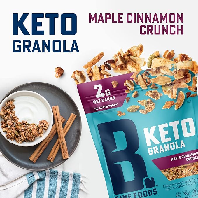 B. Fine Foods - Keto Granola High Protein Snack - Maple Cinnamon Crunch - Breakfast Blend of Coconut Seeds &amp Nuts - 2g Net Carbs Gluten &amp Grain-Free Kosher &amp Contains Nuts (9 oz 2 Pack