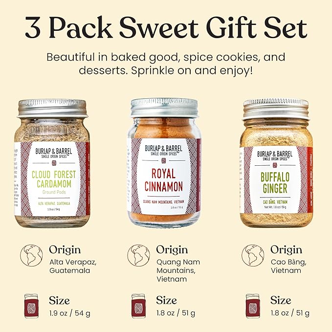Burlap &amp Barrel 3pk Sweet Spice Set - 3 Full Size Jars including Royal Cinnamon Cloud Forest Cardamom &amp Buffalo Ginger - As seen on Shark Tank - Birthday &amp Father's Day Gift Ideas