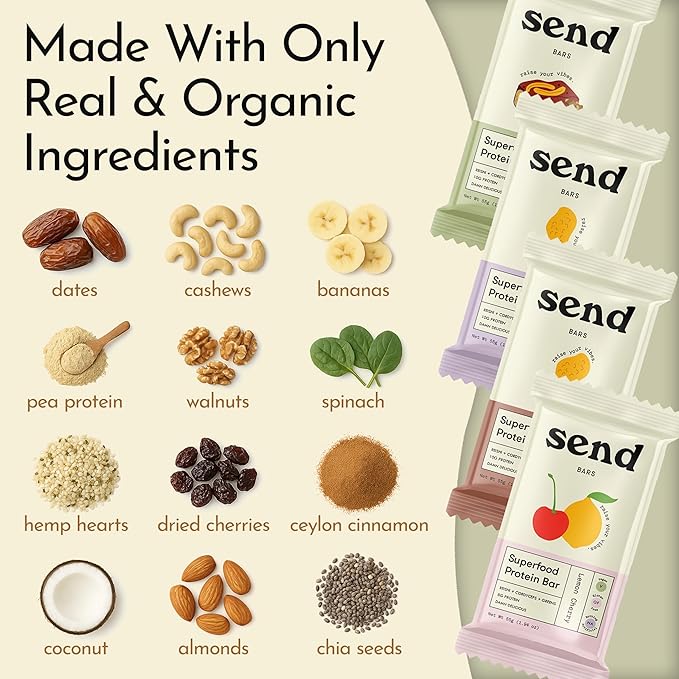 Send Bars Plant-Based Vegan Healthy Protein Bars With Greens (Lemon Cherry 8 Bars) – Only Real Ingredients Zero Added Sugar Gluten-Free Dairy-Free