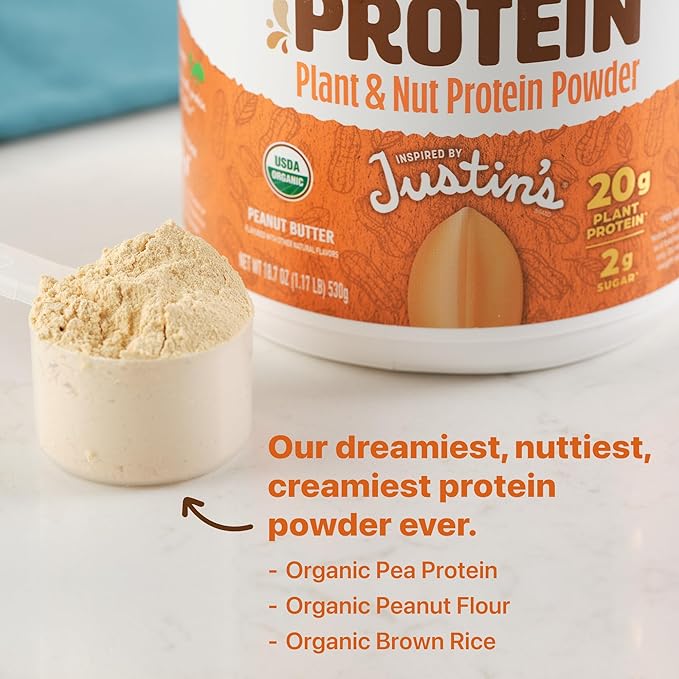 Orgain X Justin's ® Organic Vegan Nut Butter Protein Powder Peanut Butter- 20g Plant Protein 2g Sugar Gluten Free No Dairy Soy Ingredients or Artificial Flavors 1.17 lb