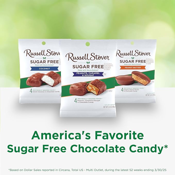 RUSSELL STOVER Sugar Free Peanut Caramel &amp Nougat Chocolate Candy 2.4 oz. bag (Pack of 10)