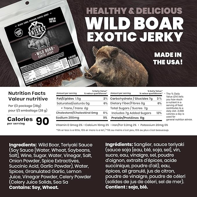 WILD BOAR JERKY - 100% Feral Swine - Rustic Wild Game Snack Rugged Carnivore Gift for Him - Unique Meat Lover Present