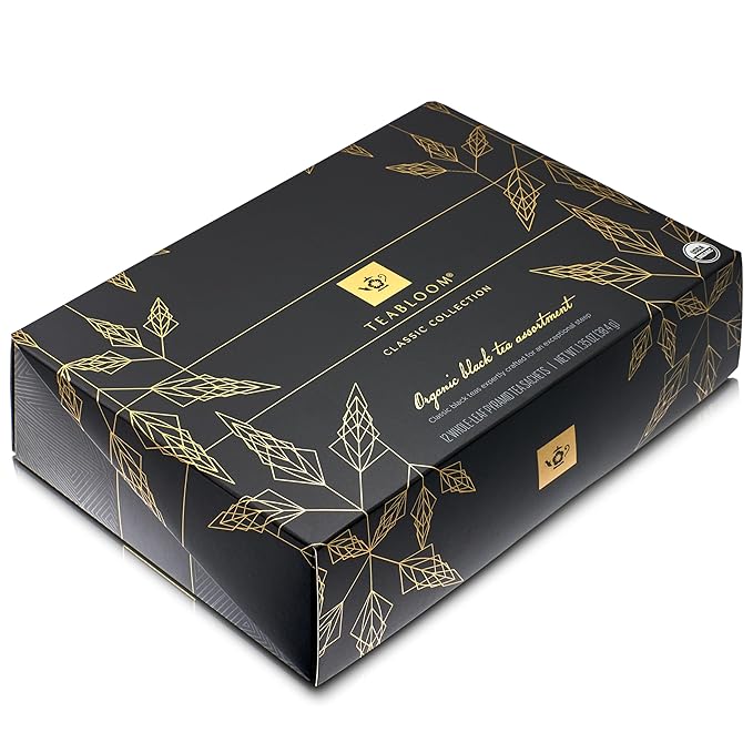 Teabloom Classic Black Teas – Organic Assortment with 12 Plant-Based Pyramid Sachets Earl Grey Darjeeling &amp English Breakfast Elegant Presentation Box for Tea Enthusiasts