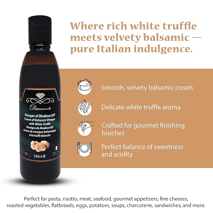 Diamante Italy Cream of Balsamic with White Truffle Vinegar of Modena IGP - Gourmet &amp Luxurious Vinegar for Dressing Dipping &amp Glazing - Non GMO &amp Made in Italy - 250ml