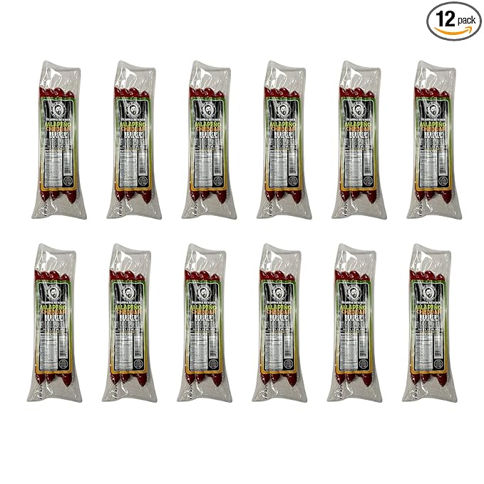Bearded Butchers Jalapeno Cheddar Beef Sticks 3.5oz Pack of 12 – Gluten-Free No MSG 16g of Protein Per Pack – Bold Jalapeno and Cheddar Flavor – High-Protein Ready-to-Eat Snack for Hiking Travel