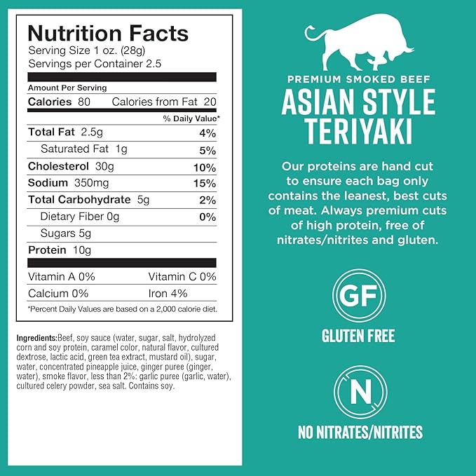 Chef's Cut Beef Jerky Meat Teriyaki (2.5 Ounce Bags Pack of 4) - High Protein 10g Protein 80 Calories Gluten-Free Premium Lean Smoked Beef Keto Friendly Snack Low Carb Snack