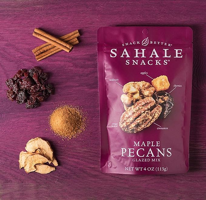 Sahale Snacks Maple Pecans Glazed Mix 4 oz Pouches (6 Packs) Dry-Roasted Deluxe Mixed Nuts with Cherries Apples Maple and Cinnamon - Non-GMO Kosher and Certified Gluten-Free Snacks