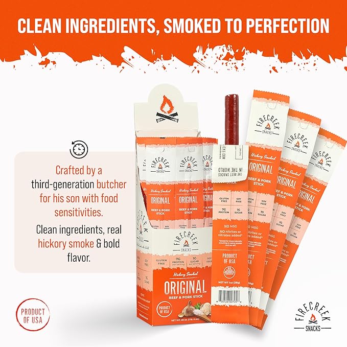 FireCreek Snacks Beef Sticks (Jerky Sticks) Hickory Smoked Beef &amp Pork Meat Sticks 20 Pack (1 oz) 7g Protein 1g Carbs Gluten Free Soy Free No MSG Original