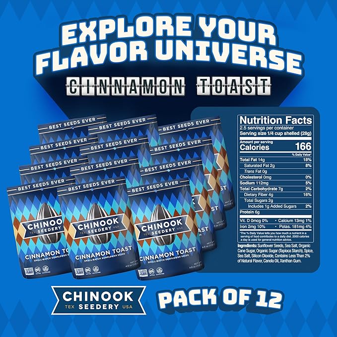 Chinook Seedery Sunflower Seeds to Eat — Jumbo Flavored Roasted Low Sodium Snacks — Keto Friendly Gluten-Free Non-GMO — Cinnamon Toast Flavor 4 oz (12-Pack)