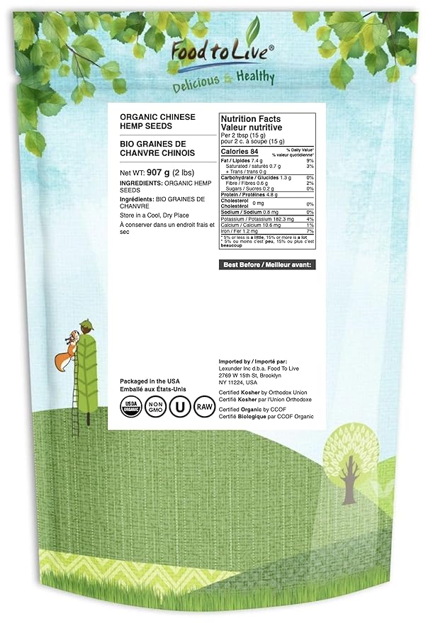 Food to Live Organic Hemp Seeds 2 Pounds – Non-GMO Raw Hearts Hulled Shelled Kosher Vegan Bulk Low Carb Low Sodium Good Source of Protein &amp Iron Great for Oatmeal Product of China