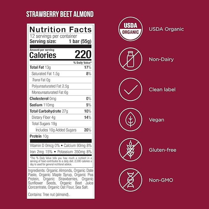 POSSIBLE Snack Bar - Whole Food Snack to Support a Healthy &amp Active Lifestyle - 10g of Organic Plant-Based Protein - Energy Support with Healthy Fats - Strawberry Beet Almond 12 Count (Pack of 1)