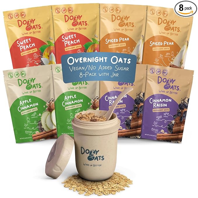 Dozy Oats Overnight Oatmeal Packets Vegan/No Added Sugar Variety Box with Rolled Oats Chia Seeds Date Powder and Dried Fruit. Gluten-Free Natural Source of Protein and Fiber 8-Pack and Jar