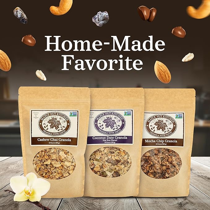 Maple Nut Kitchen Artisanal Variety Pack Granola Bites - Cashew Chai Mocha Chip and Coconut Date | 10 oz Each | Gluten-Free Vegan Delicious Breakfast Treats | 3-Pack