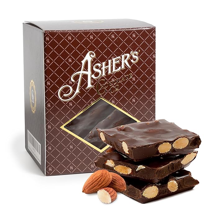 Asher's Chocolates Gourmet Chocolate Covered Almond Bark Sweet and Salty Candy with Almonds Small Batches of Kosher Chocolate Family Owned Since 1892 (1 Pound Dark Chocolate)