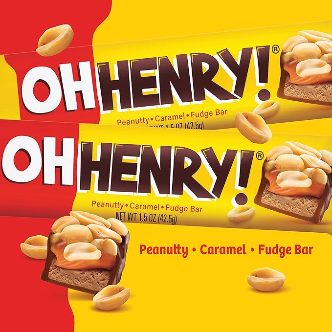 Oh Henry! Peanuty Caramel Fudge Bar Full Size Individually Wrapped Candy Bars 1.5oz each Bulk 24 Pack