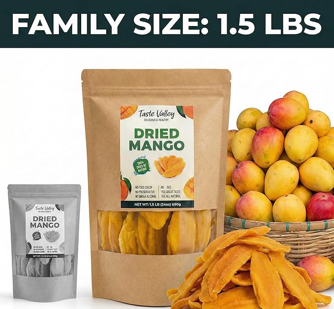 Taste Valley Dried Mango Slices (24 oz) - Naturally Ripened Unsweetened Dried Fruit - Soft &amp Chewy Healthy Snacks for Kids &amp Adults - Gluten Free Non-GMO Vegan - No Added Sugar (1.5 lbs Bulk