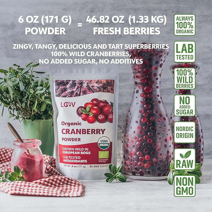 Organic Freeze-Dried Cranberry Powder – Pure 100% Natural Wild Whole Fruit Certified Organic from Nordic Forests – Non-GMO No Added Sugar – 6oz (35 Servings)