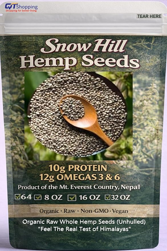 Snow Hill Organic Raw Whole Hemp Seeds 16 Oz (1 LB) – Unhulled 10g Plant Protein &amp 12g Omegas per Serving – Himalayan Hemp Seeds Grown Near Mt. Everest Nepal