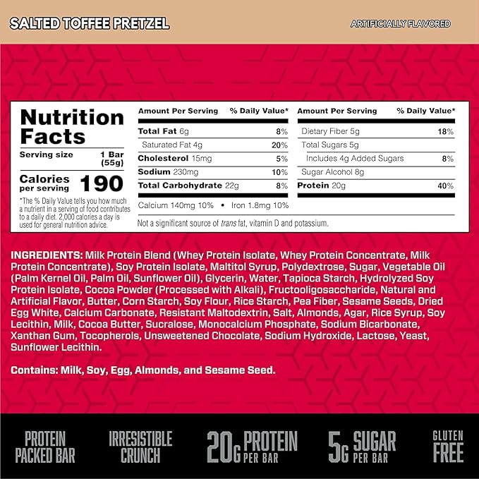 BSN Protein Crisp Bar Salted Toffee Pretzel 20 Gram Protein Snack Bars with Whey and Fiber Gluten-Free Crunchy Energy Bars for Workout Fitness On-the-Go 12 Count