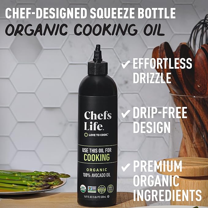 Chefs Life Organic Avocado Oil - Organic Avocado Oil For Cooking Avocado Oil Organic for Dressing Dipping Drizzle 100% Pure Single Origin Non GMO - 16.9 Fl Oz Squeezable Bottle (3 Pack)