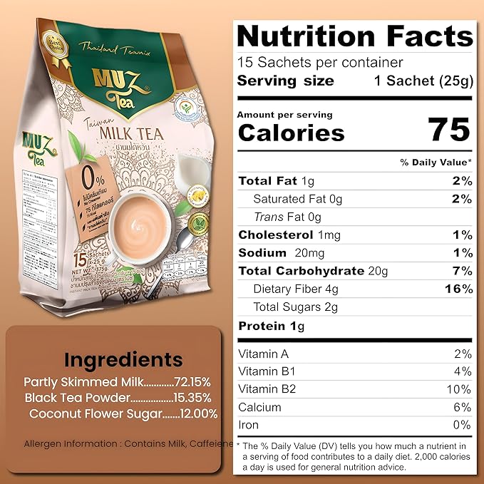 MuzTea Instant Taiwan Milk Tea Powder Mix 3 in 1 With Black Tea Coconut Flower Sugar Creamer From Selected Low Fat Milk Powder 15 Sachets (Taiwan Milk Tea)