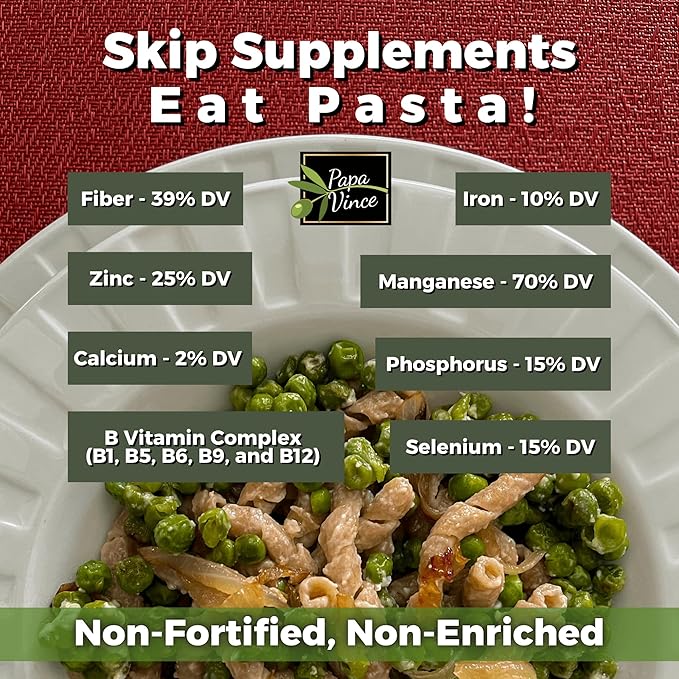 Papa Vince Organic Non Enriched Pasta - Ancient Grain high in fiber high in protein Timilia/Tumminia grown in Sicily Italy. Al dente texture nutty flavor busiate whole wheat that is anything but