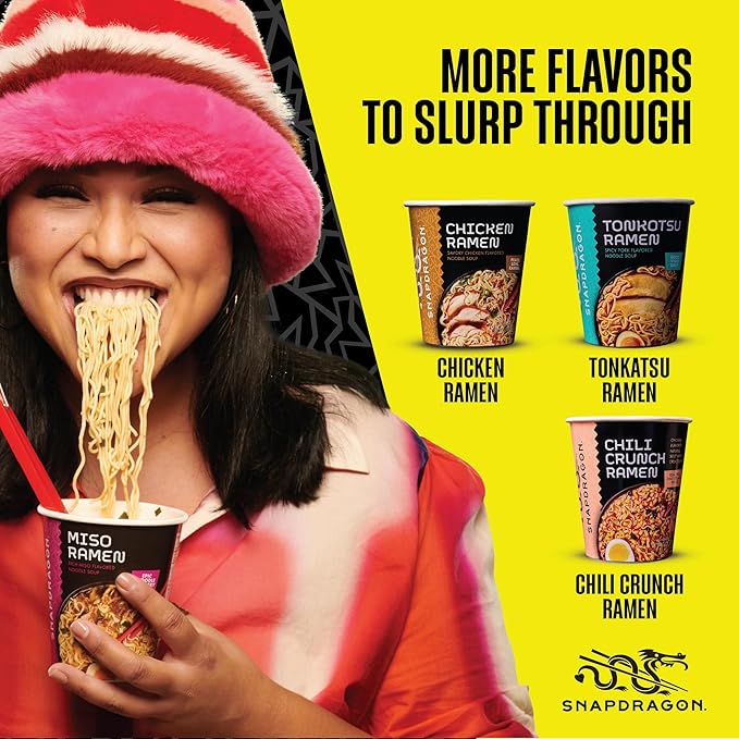 Snapdragon Miso Ramen Cup Noodles - 6 Pack Instant Ramen Bowl with Authentic Wheat Noodles Soup Sauce Base Vege Pack and Flavoring Chili Oil. Microwave or Hot Water Easy Meal Prep
