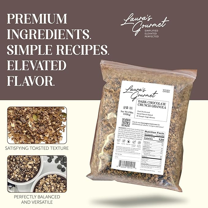 Laura's Gourmet Granola - Dark Chocolate Crunch - Gluten Soy &amp Dairy Free - Organic Agave Bittersweet Chocolate Cocoa Vegan Artisan Chef's Trifecta of Taste Texture &amp Mouthfeel - 2 LB