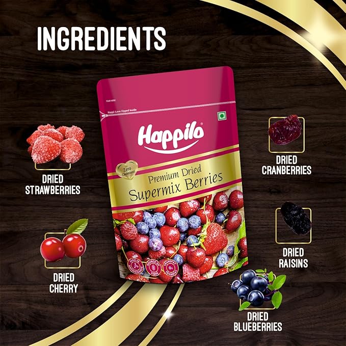 Happilo Premium Dried Super Mix Berries 200gm | Tasty &amp Healthy Berries | Rich in Antioxidant | Contains Dried Strawberries Cranberries Cherry &amp Raisins Mix | Real Dried Berries