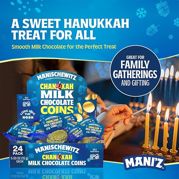 Hanukkah Gelt Manischewitz Milk Chocolate Gold Coins (48 Bags) | St. Patrick’s Day Chocolate Coins | Mesh Bags Filled with Individually Wrapped Hanukkah Gelt Gluten Free - Best By: 6/27/2026