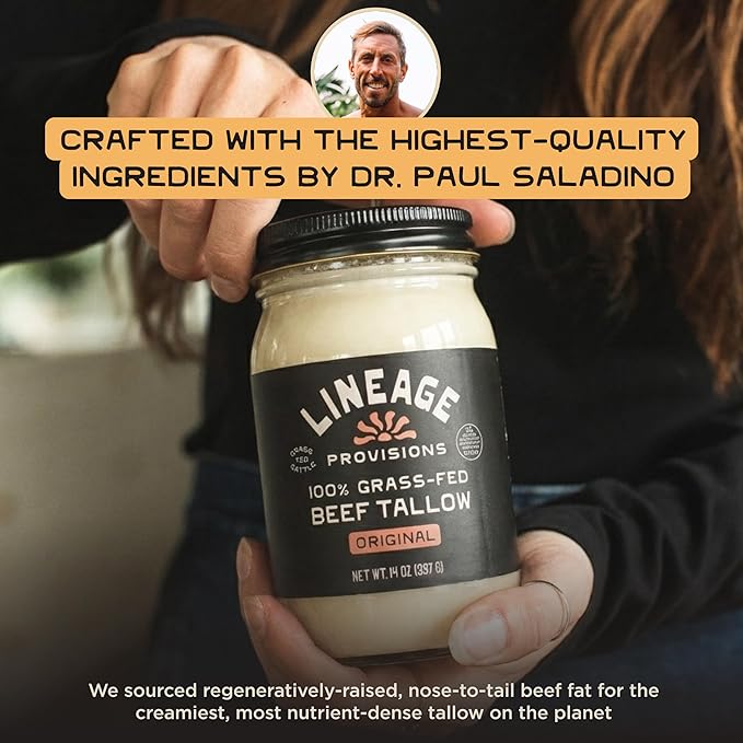 Lineage Provisions - 100% Grass-Fed &amp Finished Beef Tallow – 3-Pack Glass Jars – US-Raised Cattle – Nose-to-Tail Rendered – Cooking Oil Alternative Keto &amp Paleo Friendly