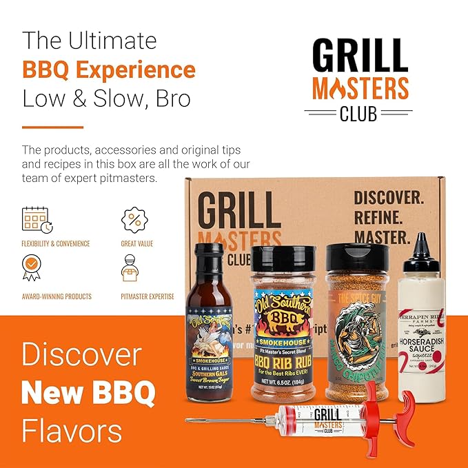 Grill Masters Club Low &amp Slow Bro BBQ Box | Premium BBQ Spices Sauces and Seasoning for the Ultimate Grill Master | Essential for Cooking Grilling and Smoking | Perfect Grill Gift for Men &amp